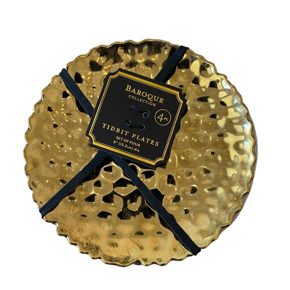 Baroque Collection Appetizer Plates 6" Hammered Gold Set of 4 Holiday Glam New - Picture 2 of 14